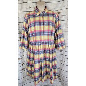 Lands End Multi Plaid 100% Cotton Shirt Dress 22W Pleated Midi Womens